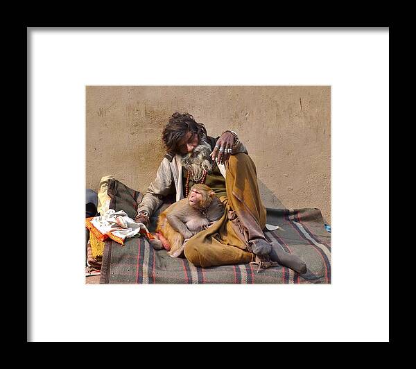 Portrait Framed Print featuring the photograph A Man and His Monkey - Varanasi India by Kim Bemis