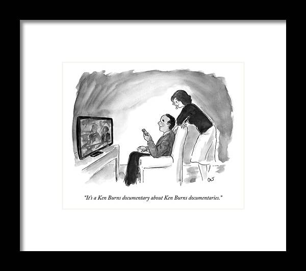 Ken Burns Framed Print featuring the drawing A Man And Wife Watch Television by Carolita Johnson