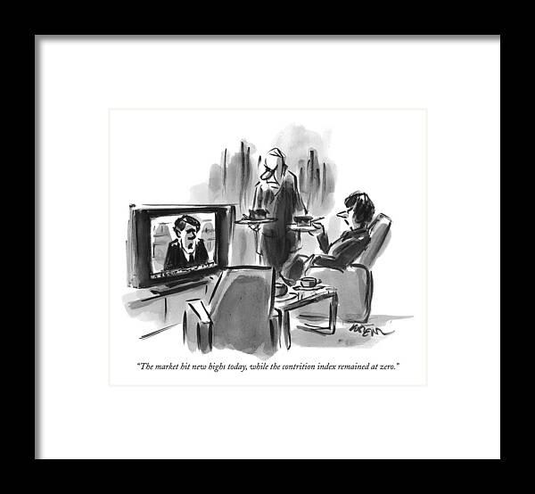 Tv-news Framed Print featuring the drawing A Man And Woman Are Seen In A Living Room by Lee Lorenz