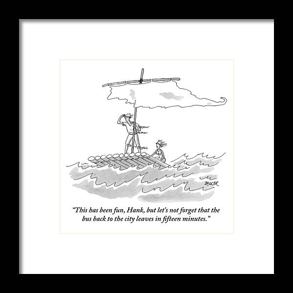Adventure Framed Print featuring the drawing A Man And Woman Are Seen On A Raft With A Sail by Jack Ziegler