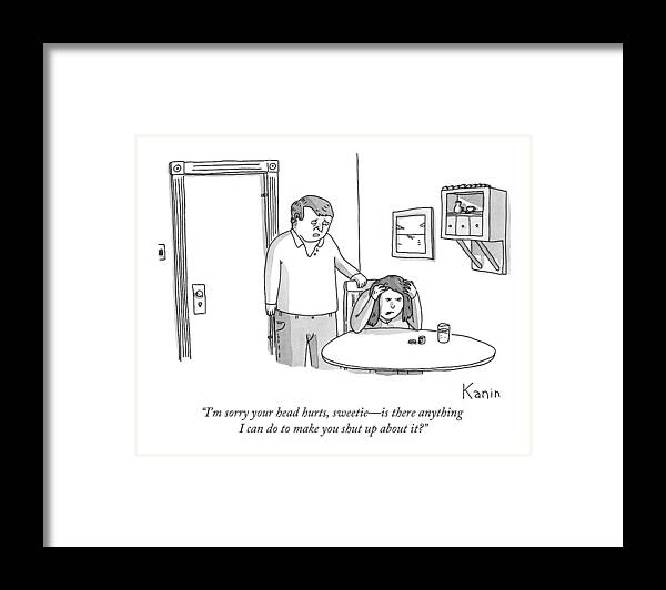 Headache Framed Print featuring the drawing A Man Comforts His Wife by Zachary Kanin