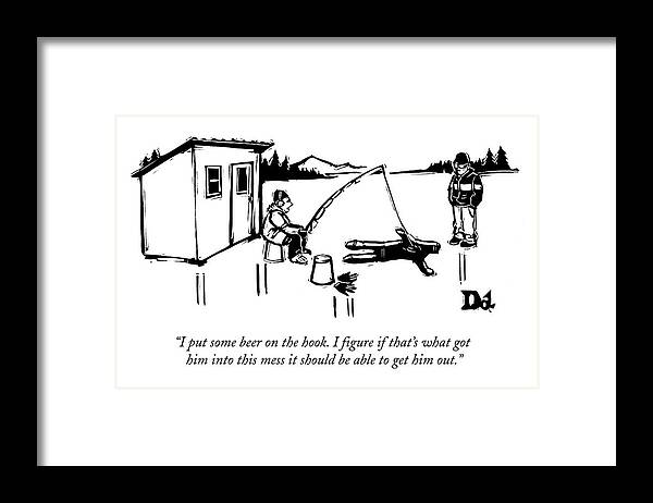 Ice Fishing Framed Print featuring the drawing A Man Ice Fishes Through Man-shaped Hole by Drew Dernavich