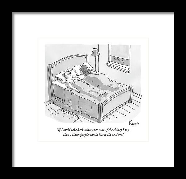 Mid-life Crisis Framed Print featuring the drawing A Man In Bed With His Sleeping Wife by Zachary Kanin