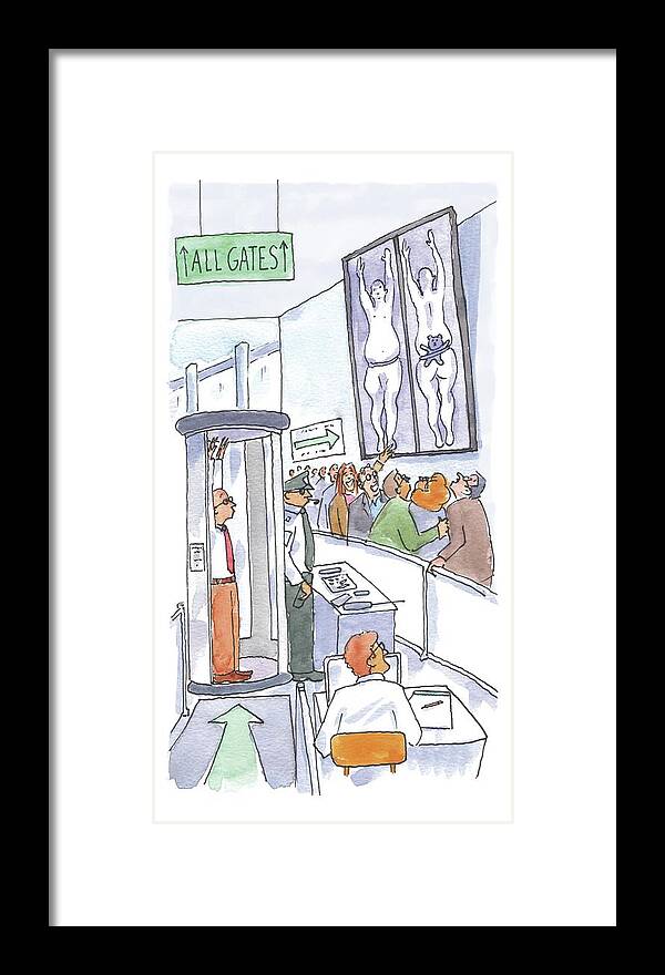 Airport Security Framed Print featuring the drawing A Man Is Is Held Up By Airport Security by Michael Crawford
