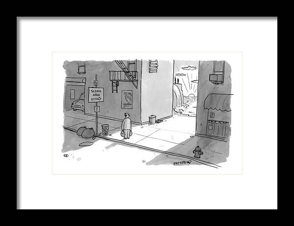 Scenic Area Framed Print featuring the drawing A Man Passing An Alley With A Sign Pointing by Jason Patterson