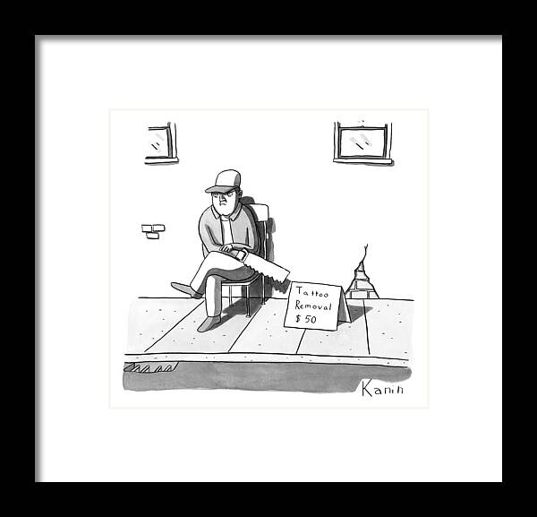 Tattoos Framed Print featuring the drawing A Man Sits With A Saw Next To A Sign That Reads by Zachary Kanin