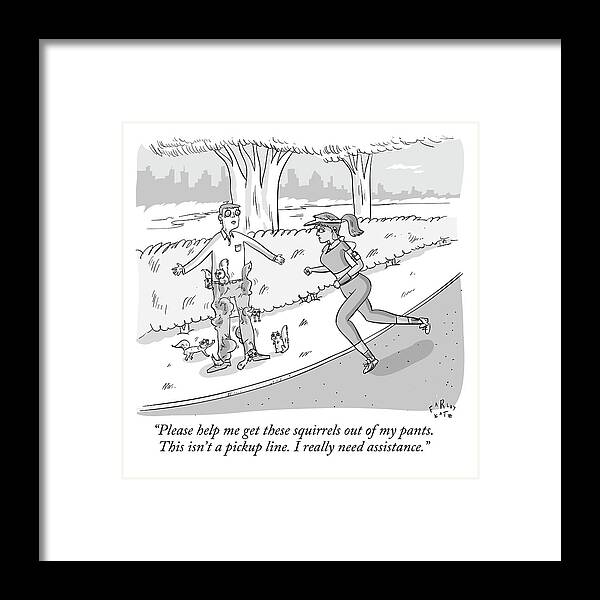 Jogger Framed Print featuring the drawing A Man Standing By A Path Is Covered In Squirrels by Farley Katz