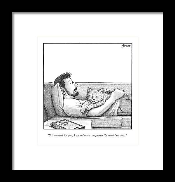 Cat Framed Print featuring the drawing A Man Talking To The Cat Lying On His Stomach by Harry Bliss