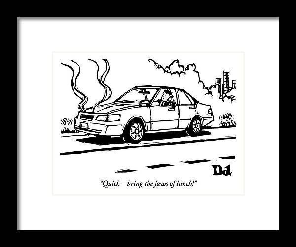 Jaws Of Life Framed Print featuring the drawing A Man Talks On His Cellphone In A Broken Down Car by Drew Dernavich