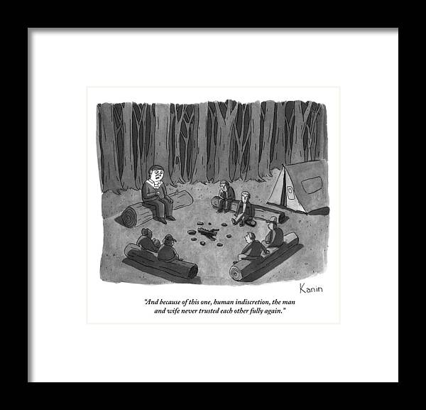 Fights- Marital Framed Print featuring the drawing A Man Tells A Scary Story To Campers by Zachary Kanin