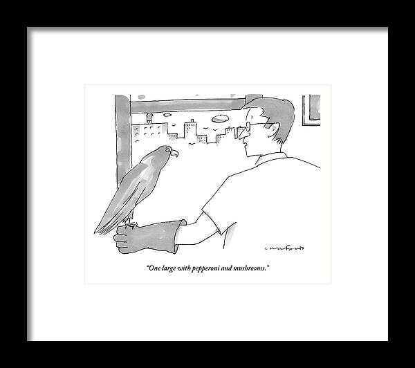 Pizza Framed Print featuring the drawing A Man Tells His Hawk On His Forearm To Fetch by Michael Crawford