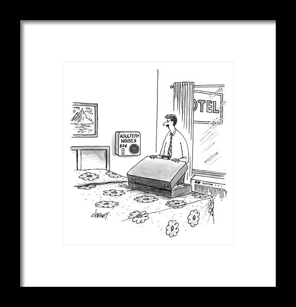 Motels Framed Print featuring the drawing A Man Unpacks His Suitcase In A Motel by Tom Cheney