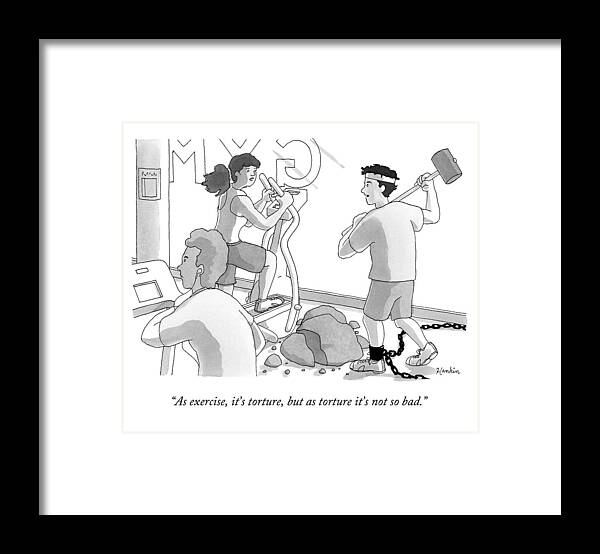 Gym Framed Print featuring the drawing A Man With A Prisoner Chain On His Ankle Breaking by Charlie Hankin