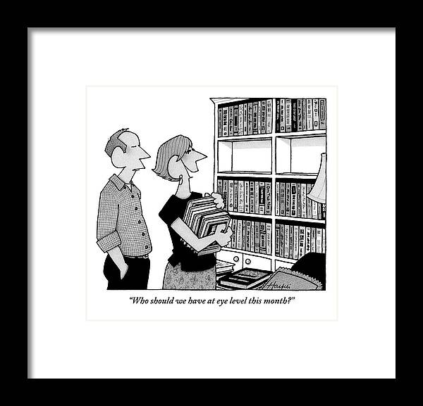 Book Shelves Framed Print featuring the drawing A Married Couple Reorganizes Their Bookshelf That by William Haefeli