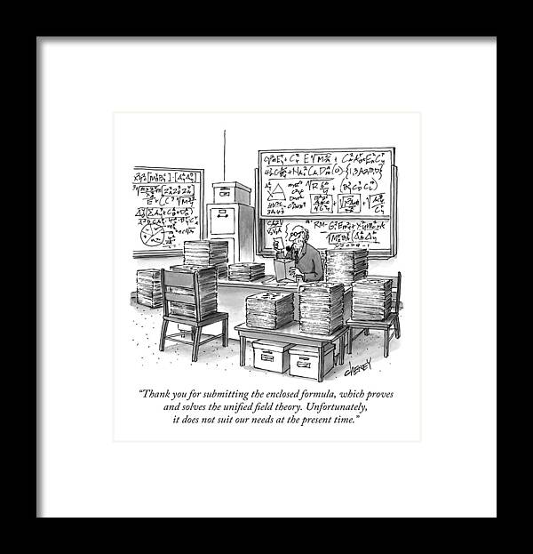 Math Framed Print featuring the drawing A Mathematician In A Room Full Of Stacked Papers by Tom Cheney