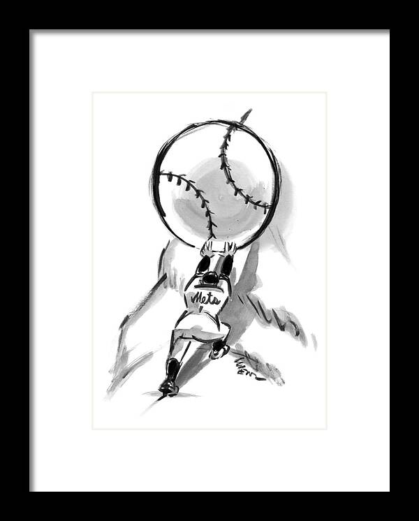 Sisyphus Framed Print featuring the drawing A Mets Player Pushes A Giant Baseball by Lee Lorenz