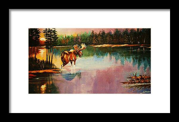 Moose Framed Print featuring the painting A Pause Before Crossing by Al Brown