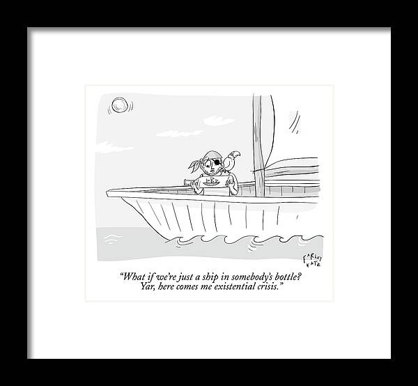 Pirates Framed Print featuring the drawing A Pirate In A Ship Holds A Ship In A Bottle by Farley Katz
