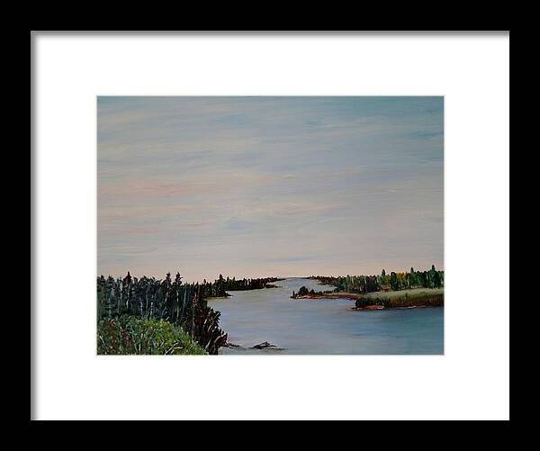 Manigotagan River Framed Print featuring the painting A river shoreline by Marilyn McNish