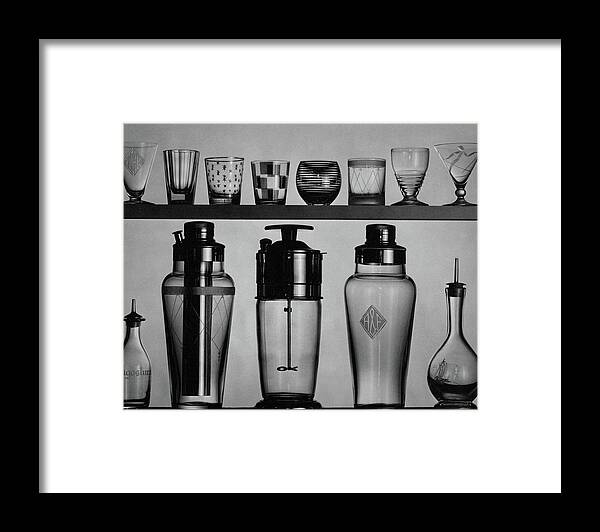 Accessories Framed Print featuring the photograph A Row Of Glasses On A Shelf by The 3