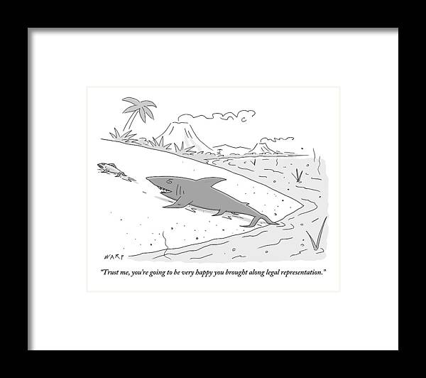 Evolution Framed Print featuring the drawing A Shark Speaks To A Fish As It Follows The Fish by Kim Warp