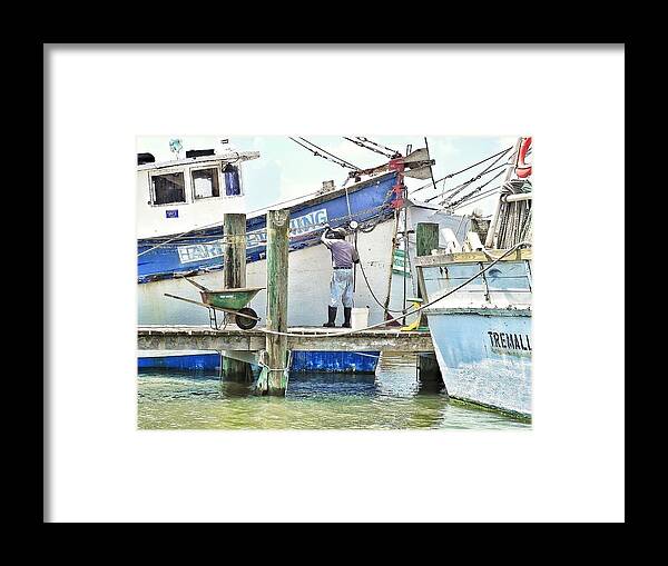Shrimp Boat Framed Print featuring the photograph A Shrimper's Work Is Never Done by Patricia Greer