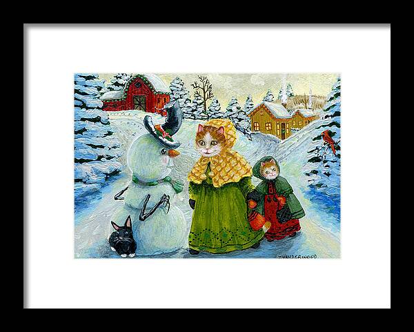 Cats Framed Print featuring the painting A Snowman's First Winter Greeting by Jacquelin L Westerman