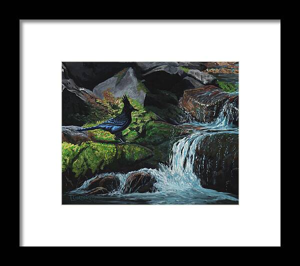 Landscape Framed Print featuring the painting A Stellar Blue Jay Day by Timithy L Gordon