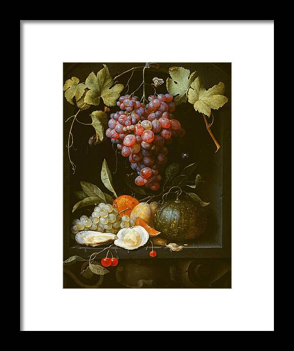 A Still Life With Grapes A Melon An Orange Plums And Oysters In A Stone Niche Framed Print featuring the painting A Still Life with Grapes a Melon an Orange Plums and Oysters in a stone Niche by Joris van Son