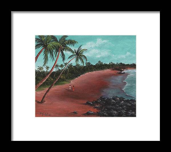Tropical Island Framed Print featuring the painting A stroll on a tropical beach by Darice Machel McGuire