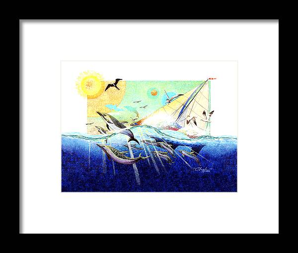 Paradise Framed Print featuring the painting A Tern with the Dolphins by David Chapple