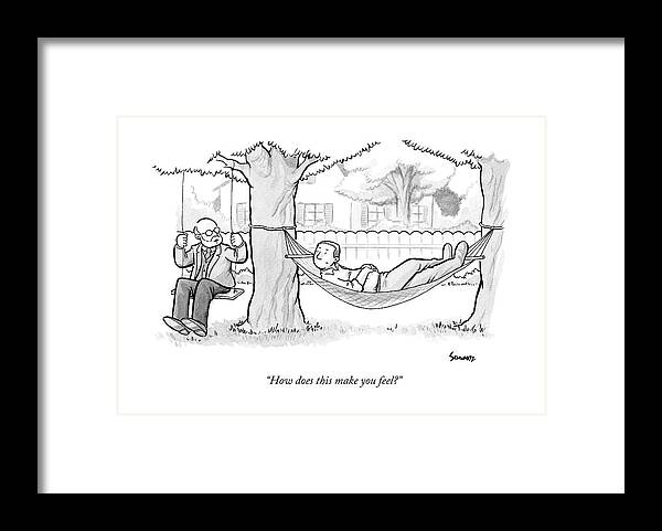 Psycho Analysis Framed Print featuring the drawing A Therapist Sits On A Swing Behind And Addresses by Benjamin Schwartz