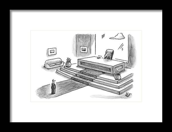 Bosses Framed Print featuring the drawing A Tiny Man Stands In Front Of A Ceo's Gigantic by Frank Cotham