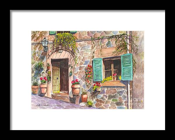 Watercolor Framed Print featuring the painting A Townhouse in Majorca Spain by Carol Wisniewski