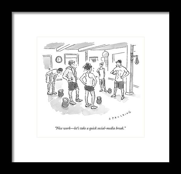 Gym Framed Print featuring the drawing A Trainer At A Gym Talking To A Small Group by Trevor Spaulding