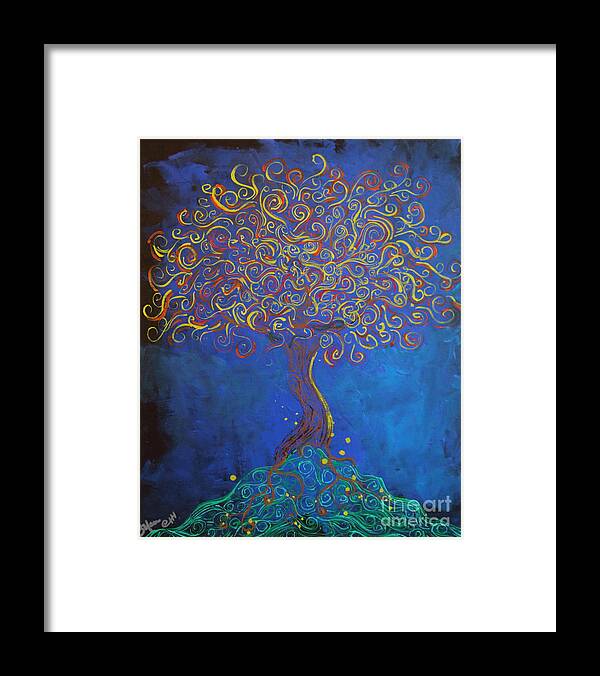 Fantasy Framed Print featuring the painting A Tree Of Orbs Glows by Stefan Duncan