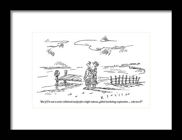Identity Framed Print featuring the drawing A Vacationing Couple Stands On A Beach by Barbara Smaller
