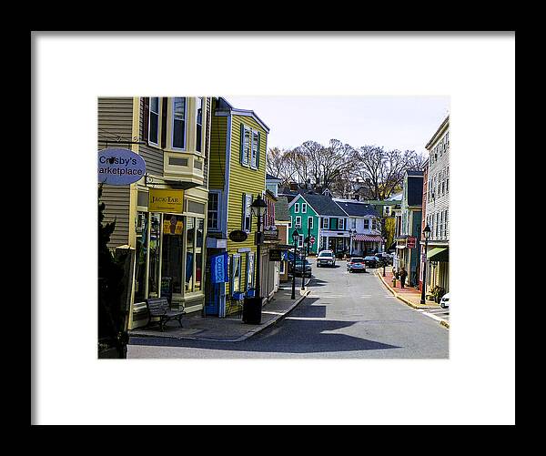 Rebecca Dru Photography Framed Print featuring the photograph A view down the street of Historic Marblehead by Rebecca Dru