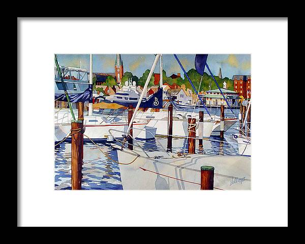Boats Framed Print featuring the painting A view from the pier by Mick Williams