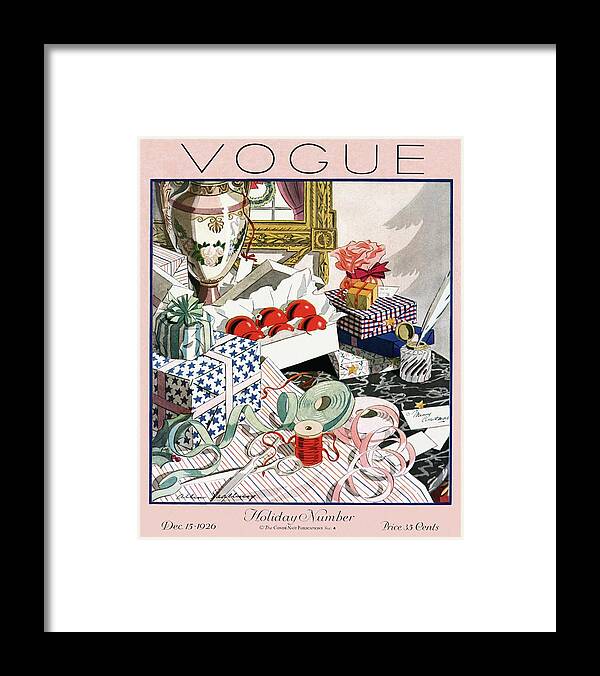 Illustration Framed Print featuring the photograph A Vintage Vogue Magazine Cover Of Christmas Gifts by Allen Saalburg