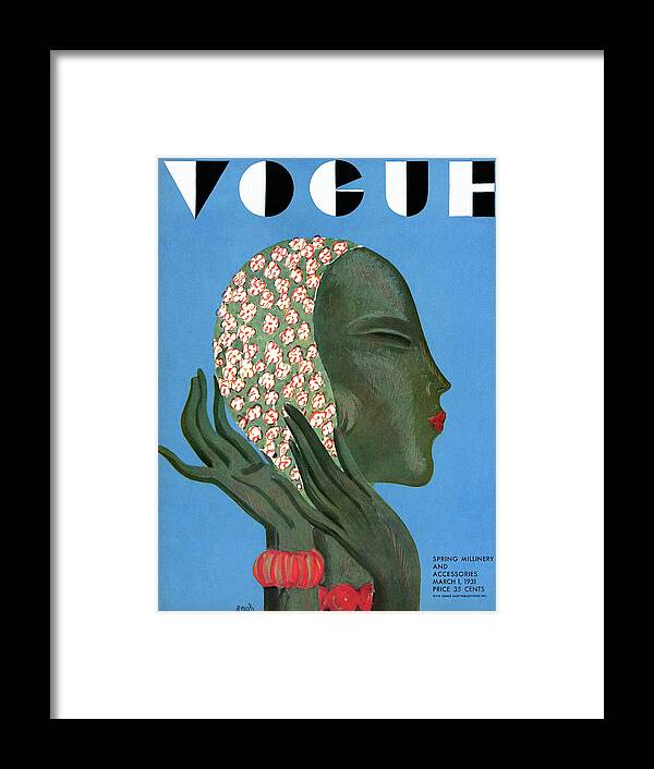Illustration Framed Print featuring the photograph A Vogue Cover Of A Woman Putting On A Hat by Eduardo Garcia Benito