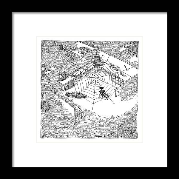 Spiders Framed Print featuring the drawing A Web Has Entangled A Man At His Cubicle by John O'Brien