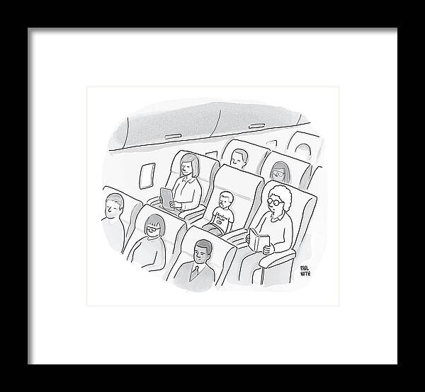 Iphone Framed Print featuring the drawing A Well-behaved Boy On An Airplane Wears A T-shirt by Paul Noth