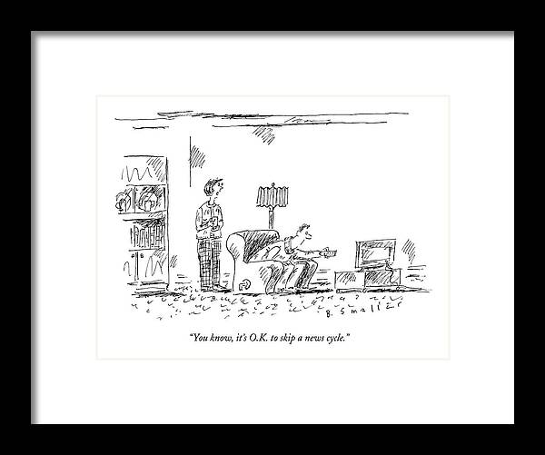 News Framed Print featuring the drawing A Wife Addresses Her Crazed-looking Husband by Barbara Smaller