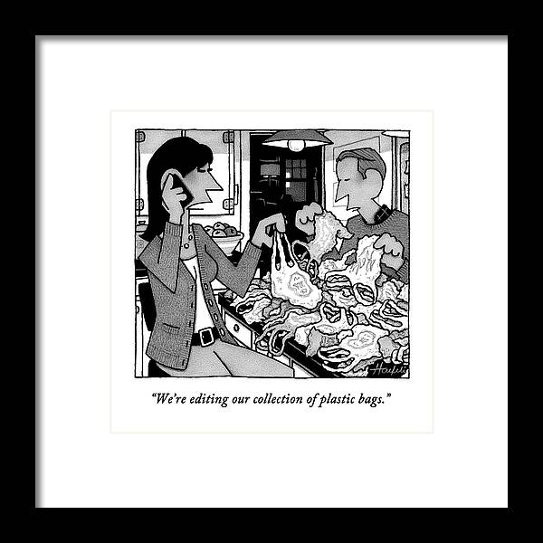 Recycling Framed Print featuring the drawing A Wife And Husband Sort Through A Pile Of Plastic by William Haefeli