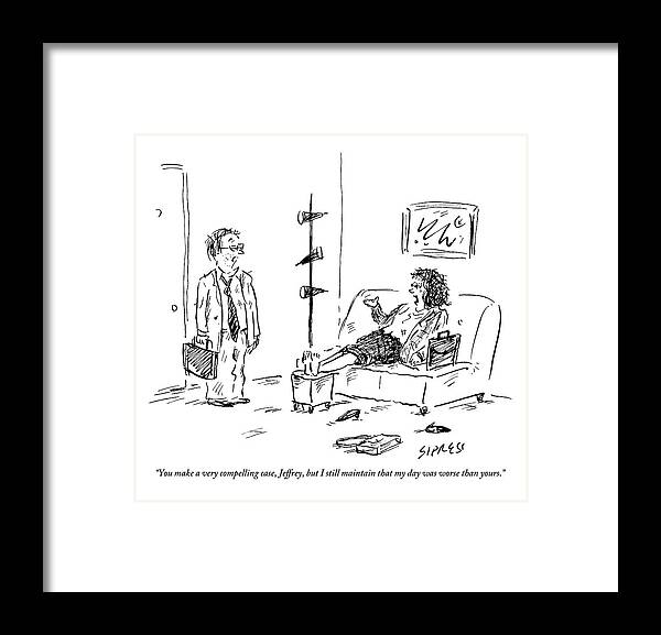 Jeffrey Framed Print featuring the drawing A Wife Is Lying On A Couch Talking by David Sipress