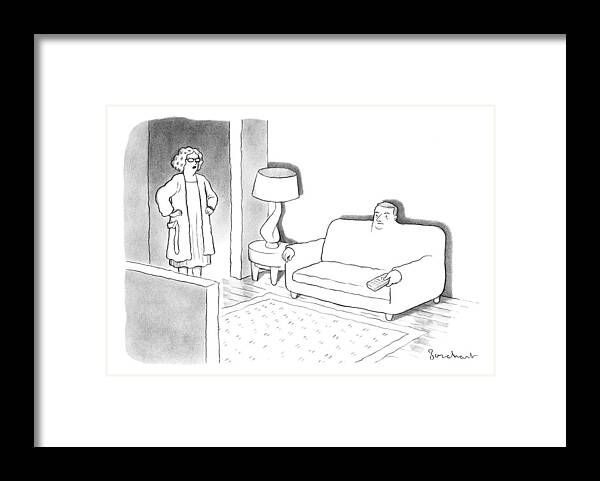 A Wife Stands In The Doorway Of The Living Room Where Her Husband Has Morphed Into A Couch. Furniture Framed Print featuring the drawing A Wife Stands In The Doorway Of The Living Room by David Borchart