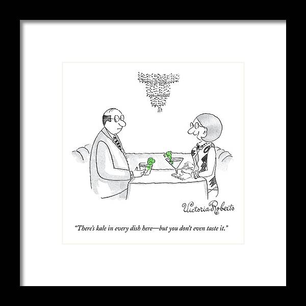 Health Food Framed Print featuring the drawing A Woman Addresses A Man Across A Restaurant Table by Victoria Roberts