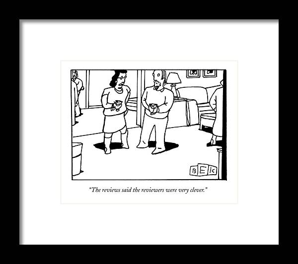Theatre Framed Print featuring the drawing A Woman And Man Converse At A Cocktail Party by Bruce Eric Kaplan