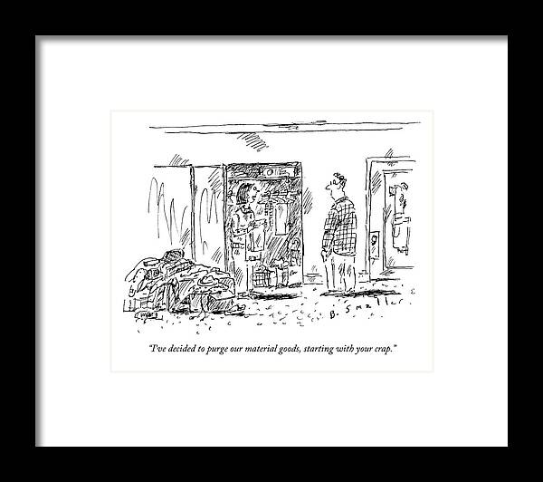 Couple Framed Print featuring the drawing A Woman Cleans Out A Closet While Speaking by Barbara Smaller